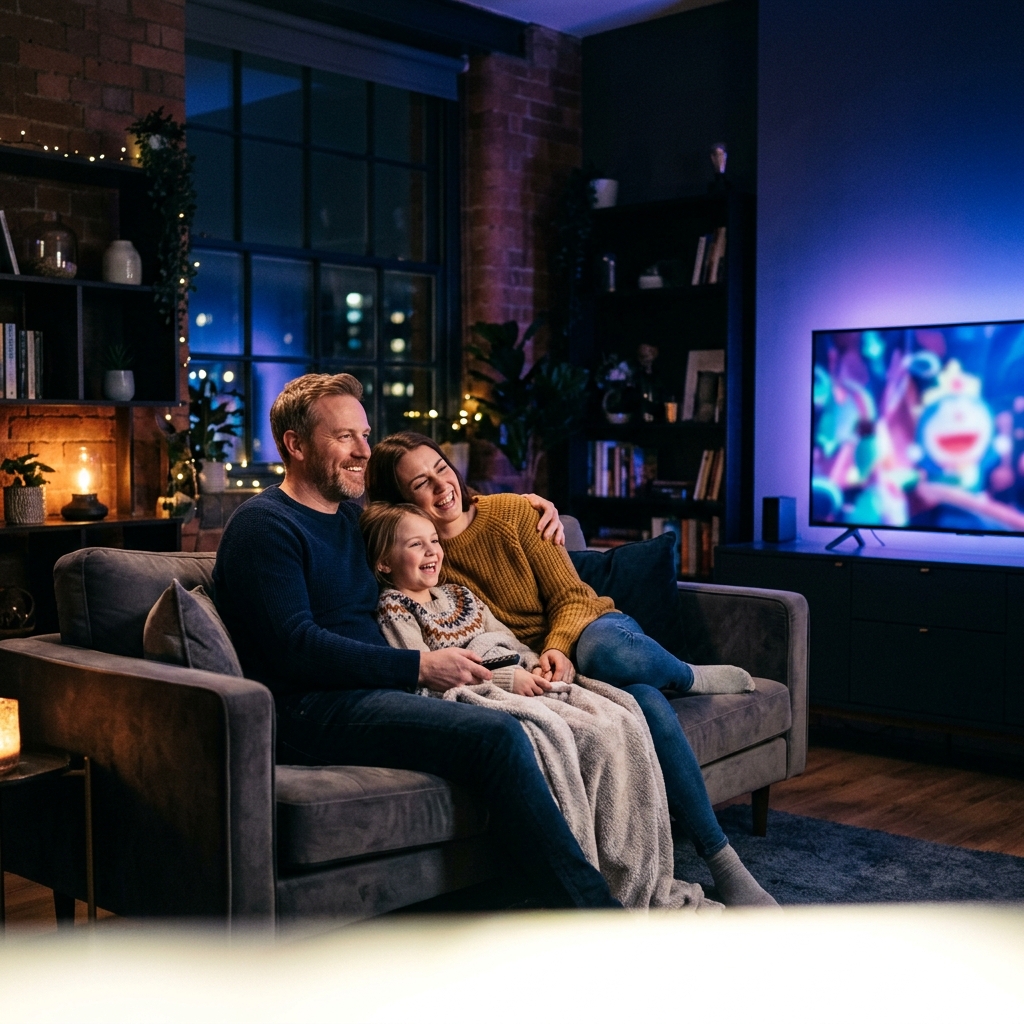 Family watching Area69IPTV on TV